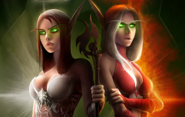 Picture light, flame, staff, WoW, World of Warcraft, costumes, burning eyes, elf
