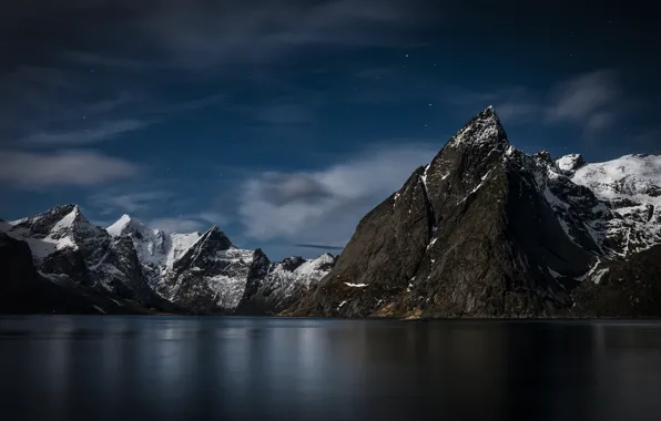 Picture sea, the sky, snow, night, rocks, Norway, archipelago, The Lofoten Islands