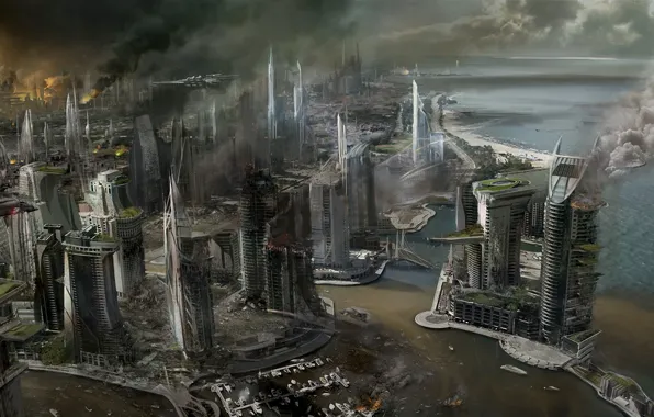 Picture sea, the city, fire, fire, smoke, view, ship, building, skyscrapers, destruction, Killzone, Concept Art, Mercenary