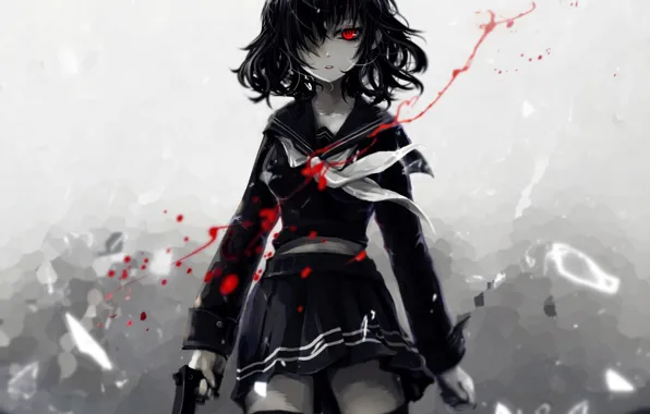 Picture girl, gun, weapons, blood, anime, art, form, schoolgirl, aoiakamaou