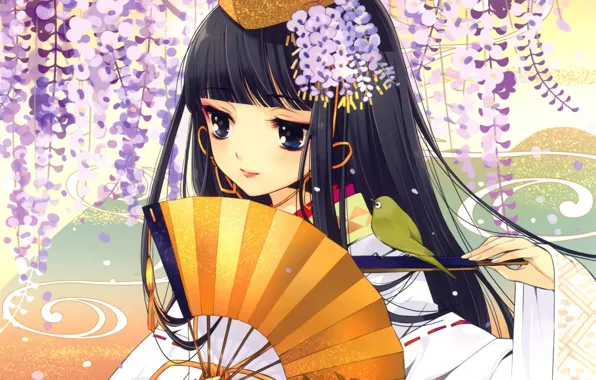 Picture flowers, fan, girl, kimono, bird, art, headdress, noizi ito