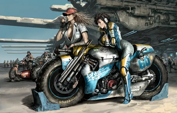 Picture weapons, girls, race, motorcycle, waiting, Art
