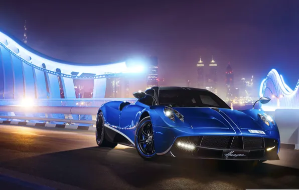 Picture Pagani, Blue, Front, Supercar, To huayr, Track, Ligth, Nigth
