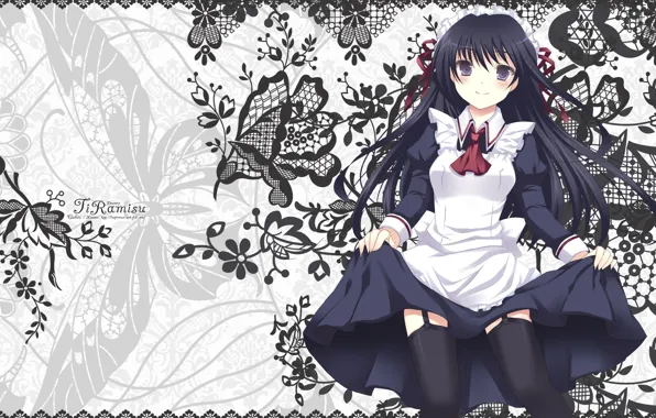 Picture butterfly, stockings, lace, long hair, uniform, the maid, apron, Tiramisu