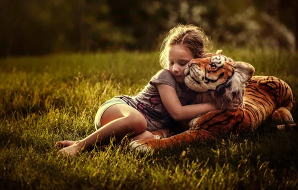 Picture forest, grass, childhood, tiger, Park, glade, toy, child, meadow, hugs, girl, Sunny, tiger, attachment, Wallpaper …
