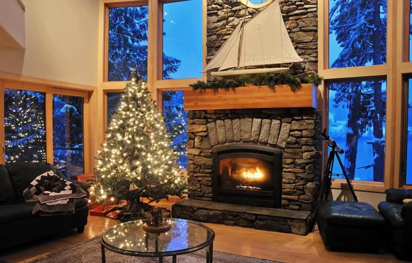 Picture lights, heat, tree, Christmas, gifts, New year, fireplace, living room