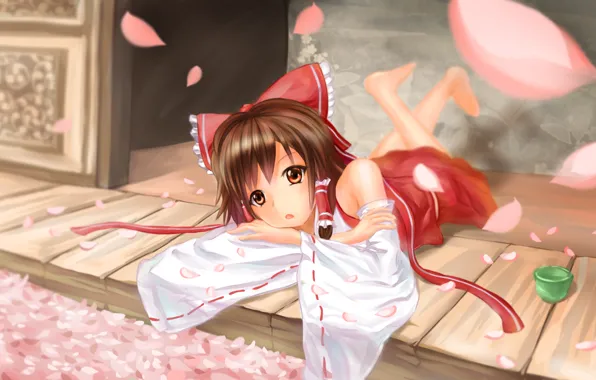 Picture girl, petals, Sakura, lies, bow, touhou, hakurei reimu