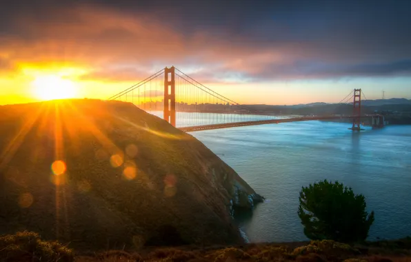 Picture the sun, bridge, the city, morning, Golden gate, USA