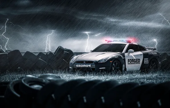 Picture rain, zipper, police, tires, tires, Nissan, GT-R, black, Nissan, police