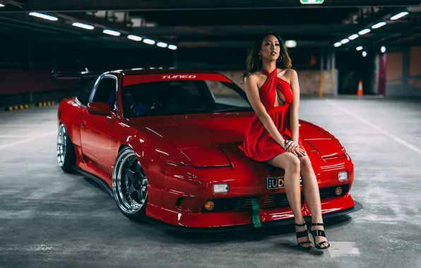 Picture Girl, Nissan, Red, Car, Legs, Model, Body, Beauty, View, 180SX, Stance, Hair, Dress