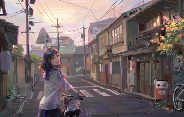 Picture bike, posts, wire, home, Japan, the transition, Japan, schoolgirl, art, street, gasone, sailor
