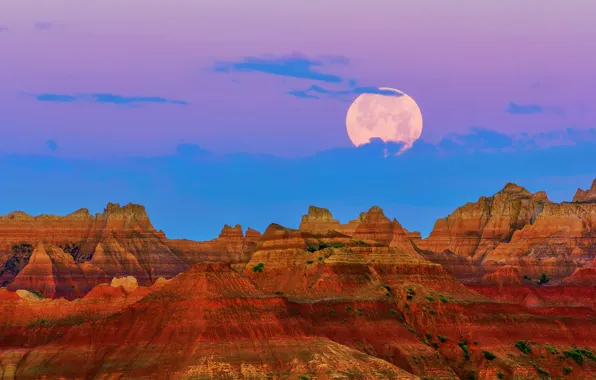 Picture summer, the sky, mountains, the moon, morning, USA, Yuni, Badlands national Park, South Dakota