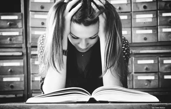 Picture girl, mood, hair, head, hands, book, black and white