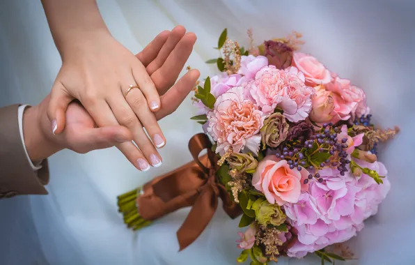 Picture love, flowers, roses, bouquet, hands, wedding