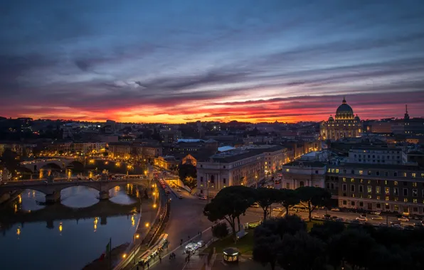 Picture sunset, the city, river, building, home, the evening, Rome, panorama, architecture, bridges, Italy, Rome, The …
