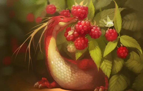 Picture red, berries, raspberry, dragon, art