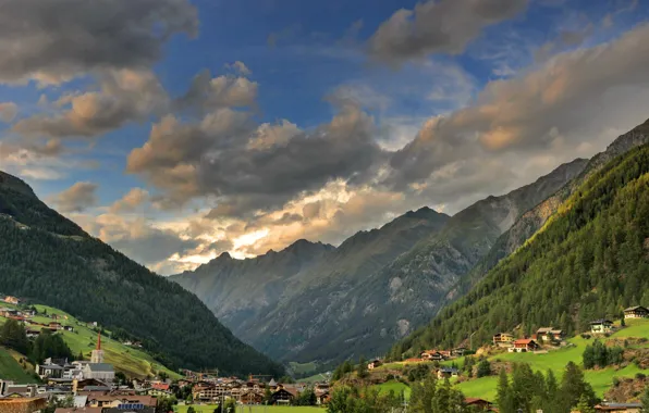 Picture mountains, town, Alps, Sölden valley