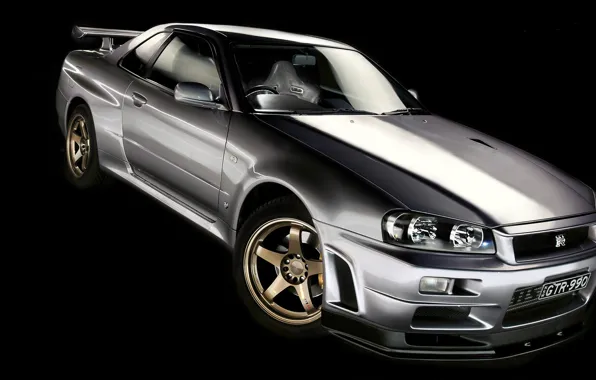 Picture silver, Nissan, GT-R, black background, Nissan, Skyline, R34, skyline, silvery