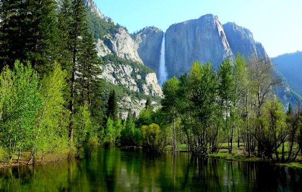 Picture forest, the sky, trees, mountains, rock, river, Yosemite, National Park, Sierra Nevada, Merced River
