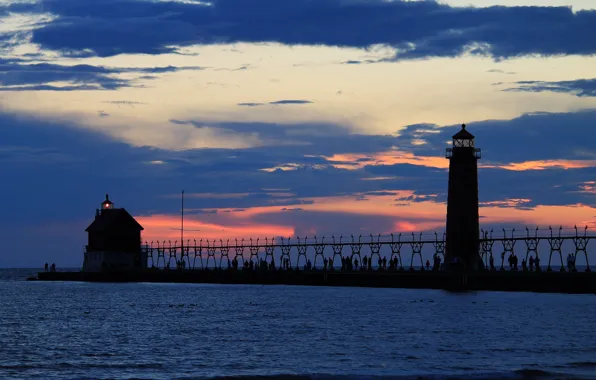 Picture sea, the sky, light, clouds, people, lighthouse, The evening, pier, pierce, orange sunset