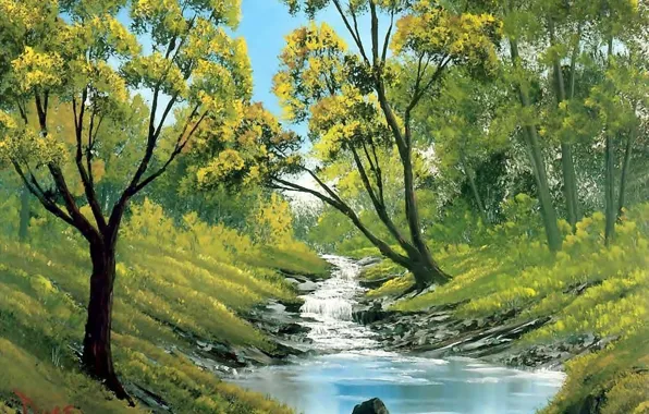 Picture forest, the sky, grass, water, trees, landscape, nature, stream, picture, painting, Bob Ross, Bob Ross