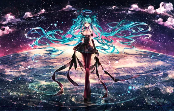 Picture the sky, water, girl, stars, clouds, reflection, art, vocaloid, hatsune miku, halo, salay
