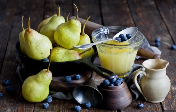 Picture photo, Glass, Fruit, Spoon, Honey, Food, Pear, Blueberries, Blueberries