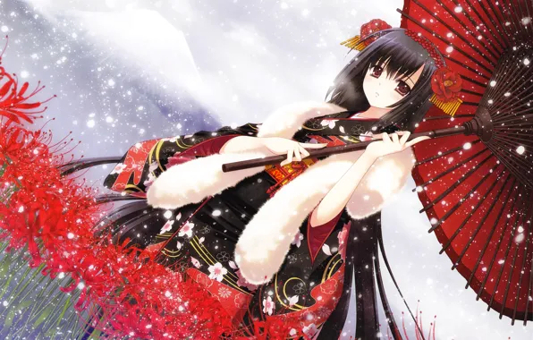 Picture snow, flowers, umbrella, hairstyle, girl, red, fur, kimono, Fuji