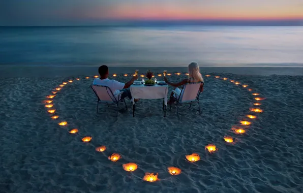 Picture sea, girl, romance, shore, the evening, candles, blonde, pair, guy, table, dinner