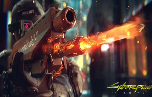 Picture weapons, fire, the game, police, helmet, cyberpunk, police, shoots, Cyberpunk 2077