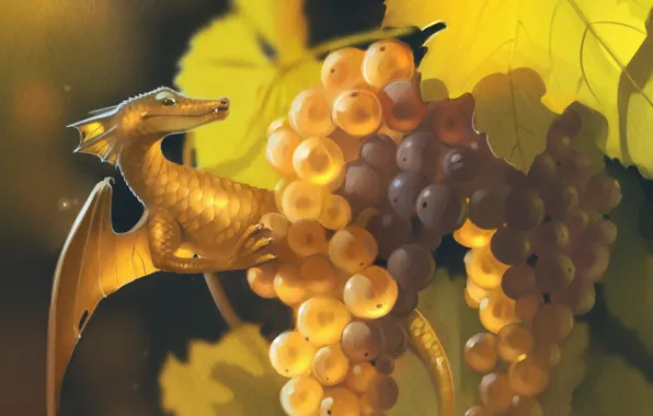 Picture forest, dragon, berry, grapes, art