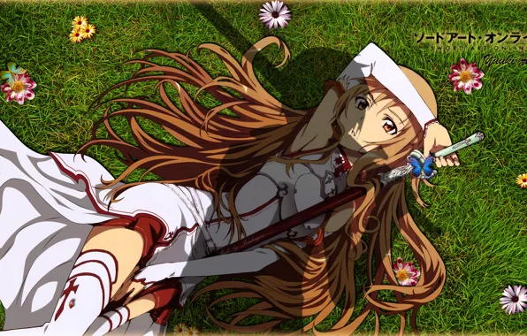 Picture grass, girl, flowers, sword, yuuki asuna, sword art online, sao, Yuuki Asuna, Sword art online