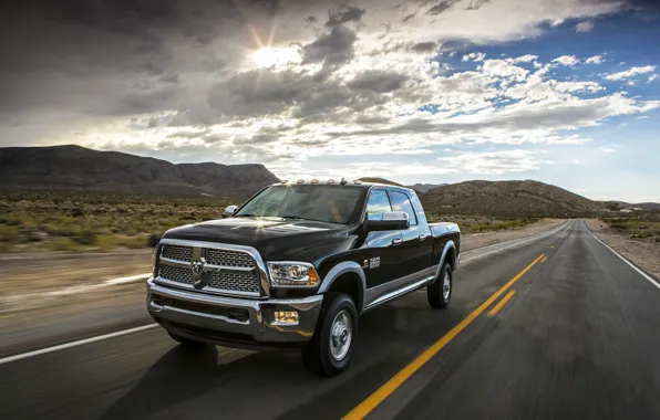 Picture clouds, The sun, The sky, Road, Black, Machine, Day, Dodge, Pickup, Ram, Heavy Duty