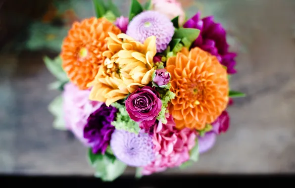 Picture flowers, roses, bouquet, pink, orange, lilac, dahlias