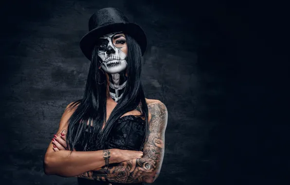 Picture woman, look, tattoos, female, makeup, day of the dead, brazos
