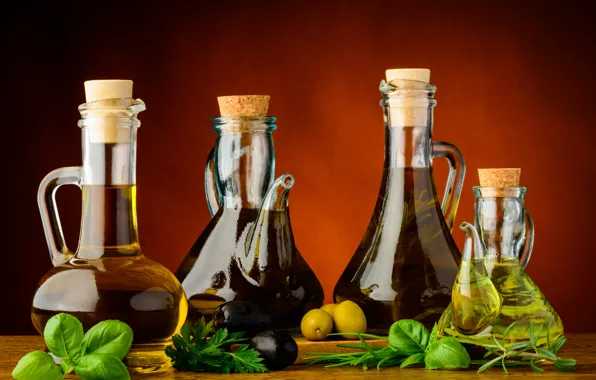 Picture greens, olives, olive oil, herbs, olives, olive oil