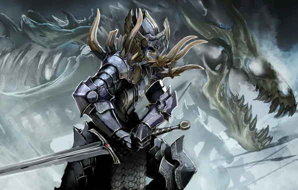 Picture dragon, sword, armor, Skeleton