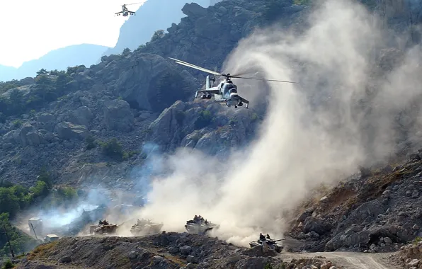 Picture road, mountains, machine, smoke, helicopters, dust, tank, support, Mi-24, Bmpshki, Column, cover