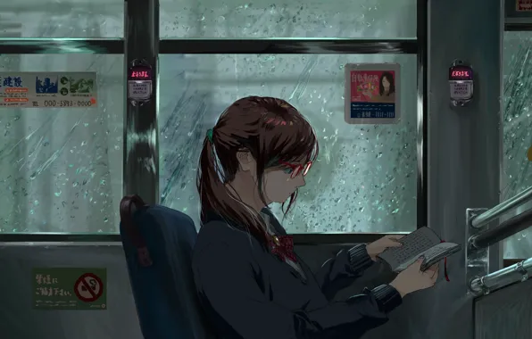 Picture girl, rain, bus, reads