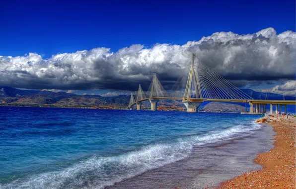 Picture the sky, water, clouds, bridge, pebbles, shore, colored, Greece, pebbles, Rio-Antirio, The Gulf of Corinth, …