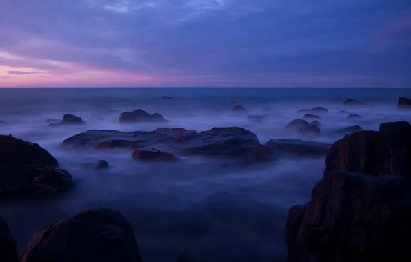 Picture the sky, clouds, sunset, stones, the ocean, lilac, shore, coast, the evening, Australia