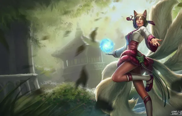 Picture girl, magic, ball, league of legends, tails, ahri