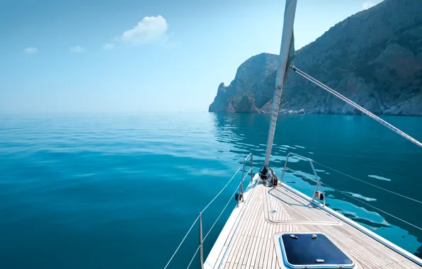 Picture sea, rocks, shore, yacht, Greece, calm