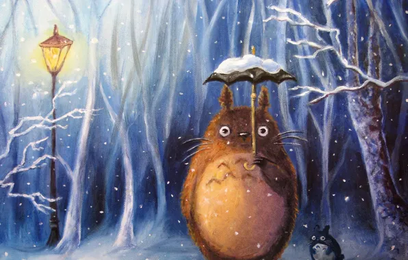 Picture winter, snow, umbrella, anime, art, lantern, my neighbor Totoro, totoro, My Neighbor Totoro, wool socks, …