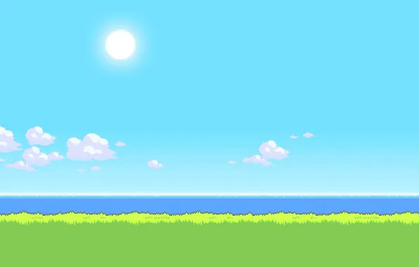 Picture sea, the sky, grass, the sun, time, day, 8bit, noon