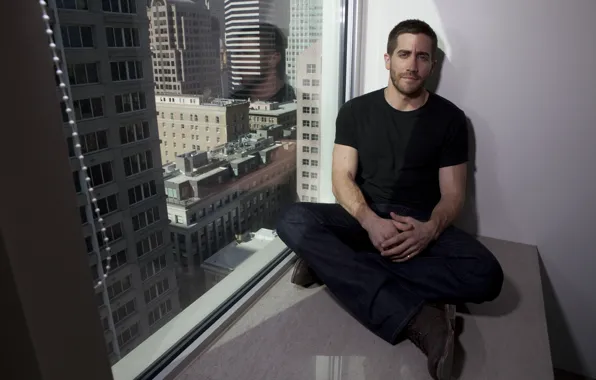 Picture skyscraper, window, actor, male, sitting, Jake Gyllenhaal, man, J. Gyllenhaal
