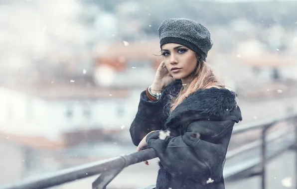 Picture winter, look, girl, snow, hat, makeup, Alessandro Di Cicco, sheepskin