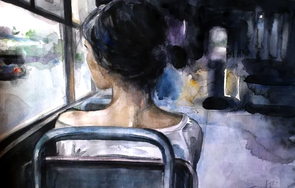 Picture girl, loneliness, art, bus