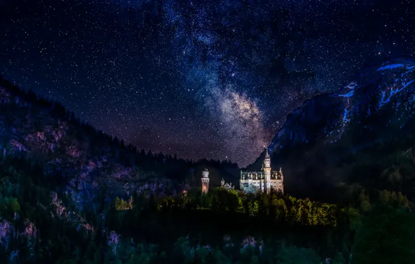 Picture forest, mountains, night, tower, stars, Germany, Castle, the milky way