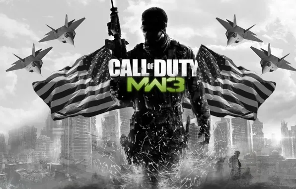 Picture weapons, background, fighters, flags, call of duty - modern warfare 3